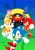 Size: 1445x2048 | Tagged: safe, artist:rocketpow, metal sonic, miles "tails" prower, robotnik, sonic the hedgehog, echidna, fox, hedgehog, human, sonic origins, abstract background, arms out, classic amy, classic robotnik, classic sonic, classic tails, clenched fists, female, gloves, group, hands on hips, looking at viewer, male, mid-air, mouth open, pointing, ring, robot, shoes, smile, socks, v sign