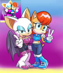 Size: 1080x1250 | Tagged: safe, artist:fliviartoon, rouge the bat, sally acorn, bat, 3d, boots, duo, female, females only, gloves, gradient background, hand on another's shoulder, lidded eyes, looking at viewer, mouth open, pointing, redraw, reference inset, rouge's heart top, sally's vest and boots, smile, socks, v sign