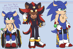 Size: 1570x1066 | Tagged: safe, artist:sonicaspeed123, shadow the hedgehog, sonic the hedgehog, hedgehog, aged up, blue background, chest fluff, crutches, disabled, duality, duo, english text, gloves, lidded eyes, looking at each other, looking offscreen, necklace, older, ring, shoes, simple background, sitting, smile, socks, standing, three eyes, wheelchair