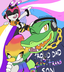 Size: 3477x3904 | Tagged: safe, artist:sonicaspeed123, charmy bee, espio the chameleon, vector the crocodile, bee, crocodile, 2022, asexual pride, bisexual pride, chameleon, english text, father and child, father and son, flapping wings, flying, four arms, gay, gay pride, genderfluid, genderfluid pride, gloves, hand on another's shoulder, holding something, looking at them, looking at viewer, male, mouth open, necklace, nonbinary, nonbinary pride, pink background, pride, pride flag, shirt, simple background, smile, standing, sweatdrop, team chaotix, trans pride, transgender, trio, wink