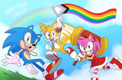 Size: 1024x670 | Tagged: safe, artist:salsacoyote, amy rose, miles "tails" prower, sonic the hedgehog, fox, hedgehog, 2022, abstract background, aromantic pride, asexual pride, bisexual pride, boots, facepaint, flying, genderfluid pride, genderqueer pride, gloves, holding something, lesbian pride, looking at viewer, mid-air, mouth open, necklace, nonbinary pride, one fang, pansexual pride, piko piko hammer, pride, pride flag, progress pride, rainbow, running, shoes, socks, spinning tails, trans pride, trio, wristband