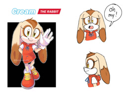 Size: 1024x792 | Tagged: safe, artist:salsacoyote, cream the rabbit, rabbit, character name, colored ears, dialogue, dress, english text, female, gloves, hand behind back, looking at viewer, looking offscreen, movie style, shoes, side view, simple background, smile, solo, speech bubble, standing, waving, white background