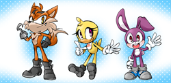 Size: 2449x1200 | Tagged: safe, artist:thegreatrouge, fox, rabbit, barely sonic related, blushing, bonnie (fnaf), chica (fnaf), chicken, clenched fist, eyelashes, eyepatch, female, five nights at freddy's, foxy (fnaf), gloves, gradient background, hand on hip, hook, looking at viewer, male, mobianified, mouth open, one fang, pointing, red eyes, shoes, smile, socks, standing, trio, waving
