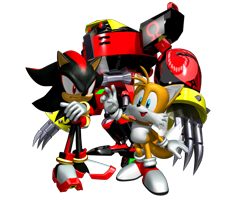 Size: 2973x2345 | Tagged: safe, artist:taeko, editor:taeko, e-123 omega, miles "tails" prower, shadow the hedgehog, fox, hedgehog, sonic heroes, alternate universe, arms folded, au:not fully dark (taeko), edit, frown, gloves, looking at viewer, looking offscreen, male, males only, mouth open, no source, official artwork, official render, robot, shoes, simple background, socks, standing, transparent background, trio, v sign