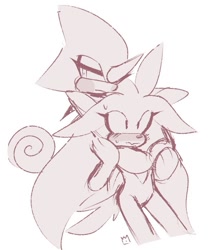 Size: 639x730 | Tagged: safe, artist:dreamiexox, espio the chameleon, silver the hedgehog, hedgehog, awkward, blushing, chameleon, duo, embarrassed, eyelashes, frown, gay, hands around another's neck, lidded eyes, looking offscreen, male, males only, monochrome, shipping, silvio, simple background, sketch, sweatdrop, white background