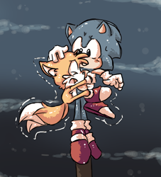Size: 1000x1100 | Tagged: safe, artist:dragnoodlez, miles "tails" prower, sonic the hedgehog, fox, hedgehog, sonic the ova, abstract background, astraphobia, duo, eyes closed, gloves, hand on another's head, holding them, looking at them, mouth open, redraw, scared, shivering, shoes, socks, standing, sweatdrop