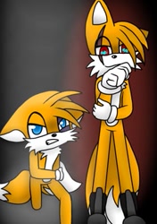 Size: 281x400 | Tagged: semi-grimdark, artist:lunaclipsa, miles "tails" prower, fox, fanfic:two tails, boots, bruise, clenched teeth, duality, duo, evil, evil tails, fanfiction art, floppy ears, gloves, gradient background, hair over one eye, injured, looking at viewer, male, older, red eyes, scar, smile, standing