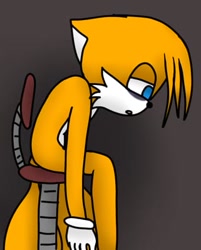 Size: 321x400 | Tagged: safe, artist:lunaclipsa, miles "tails" prower, fox, fanfic:two tails, chair, fanfiction art, floppy ears, gloves, grey background, lidded eyes, looking down, male, sad, simple background, solo, tired