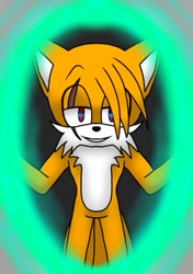 Size: 281x400 | Tagged: safe, artist:lunaclipsa, miles "tails" prower, fox, fanfic:two tails, abstract background, aged up, arms out, chest fluff, clenched teeth, evil, evil tails, fanfiction art, hair over one eye, looking offscreen, male, older, portal, red eyes, scar, smile, solo, standing