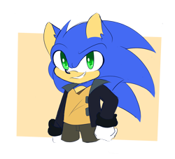 Size: 2200x2000 | Tagged: safe, artist:syrcaii, sonic the hedgehog, hedgehog, 2022, au:resonance, clenched teeth, ear fluff, gloves, hand on hip, jacket, looking at viewer, nonbinary, pants, semi-transparent background, shirt, smile, solo