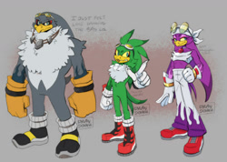 Size: 1280x909 | Tagged: safe, artist:dylandonnie, jet the hawk, storm the albatross, wave the swallow, albatross, bird, swallow, babylon rogues, boots, chest fluff, claws, clenched fist, clenched fists, clenched teeth, english text, eyelashes, female, glasses, gloves, goggles, goggles on head, gradient background, hawk, looking at viewer, male, pointing, scar, shoes, socks, standing, trio