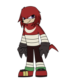 Size: 2200x2800 | Tagged: safe, artist:pegacousinceles, knuckles the echidna, echidna, bandage, black gloves, gloves, looking at viewer, male, redesign, shoes, simple background, smile, solo, standing, transparent background