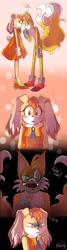 Size: 464x1721 | Tagged: dead source, semi-grimdark, artist:mercybhk, cream the rabbit, miles "tails" prower, oc, oc:villain miles, fox, abstract background, aged up, blushing, dialogue, drooling, duo, english text, eye twitch, female, looking at each other, looking at them, looking at viewer, male, older, shipping denied, shocked, standing