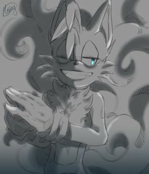 Size: 439x512 | Tagged: semi-grimdark, artist:mercybhk, miles "tails" prower, oc, oc:villain miles, fox, comic:where was my hero?, blue eyes, chest fluff, clenched teeth, ear fluff, evil, grey background, hands together, lidded eyes, looking offscreen, male, monochrome, one eye closed, signature, simple background, smile, solo, standing