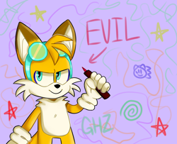 Size: 800x650 | Tagged: safe, artist:doubleboostz, miles "tails" prower, fox, abstract background, colored ears, english text, evil grin, gloves, goggles, goggles on head, looking offscreen, male, marker pen, solo, standing