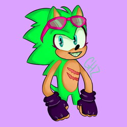 Size: 700x700 | Tagged: safe, artist:doubleboostz, scourge the hedgehog, hedgehog, 2020, aged down, blue eyes, clenched fists, clenched teeth, eyelashes, fingerless gloves, glasses, looking at viewer, male, purple background, scars, signature, simple background, smile, solo, standing, younger