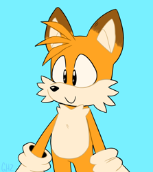 Size: 650x730 | Tagged: safe, artist:doubleboostz, miles "tails" prower, fox, 2020, blue background, chest fluff, classic tails, colored ears, cute, gloves, looking offscreen, male, simple background, smile, solo, sparkling eyes, standing, tailabetes
