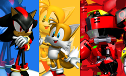 Size: 4150x2522 | Tagged: safe, artist:taeko, e-123 omega, miles "tails" prower, shadow the hedgehog, fox, hedgehog, sonic heroes, abstract background, alternate universe, arms folded, au:not fully dark (taeko), looking at viewer, looking offscreen, male, males only, no source, official artwork, official render, robot, standing, trio, wallpaper