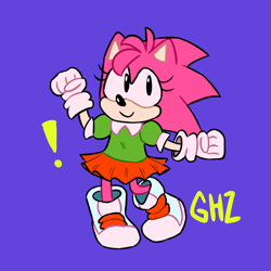 Size: 800x800 | Tagged: safe, artist:doubleboostz, amy rose, hedgehog, sonic cd, 2020, amy's classic dress, classic amy, clenched fists, exclamation mark, eyelashes, female, gloves, looking offscreen, purple background, shoes, signature, simple background, smile, solo, standing