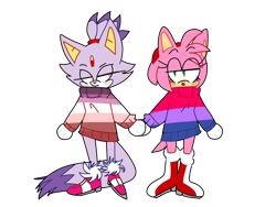 Size: 2400x1800 | Tagged: safe, artist:artyyline, amy rose, blaze the cat, cat, hedgehog, 2019, amy x blaze, bisexual, bisexual pride, blushing, boots, duo, female, females only, gloves, heels, holding hands, lesbian, lesbian pride, lidded eyes, looking at them, looking at viewer, pride, pride flag, shipping, simple background, socks, standing, sweater, transparent background