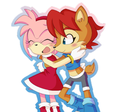 Size: 504x468 | Tagged: safe, artist:nannelflannel, amy rose, sally acorn, hedgehog, amy's halterneck dress, blushing, boots, duo, eyes closed, female, females only, gloves, holding each other, lesbian, mouth open, outline, sallamy, sally's vest and boots, shipping, simple background, smile, standing, transparent background