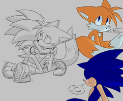 Size: 792x648 | Tagged: safe, artist:nannelflannel, miles "tails" prower, sonic the hedgehog, fox, hedgehog, sonic forces, brothers, comforting, crying, dialogue, duo, english text, grey background, hugging, looking at them, looking offscreen, male, males only, monochrome, shivering, simple background, speech bubble, tears of sadness