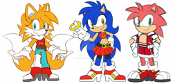Size: 900x434 | Tagged: safe, artist:domestic maid, amy rose, miles "tails" prower, sonic the hedgehog, oc, oc:jaime (tasp), oc:sonica (tasp), oc:tailsko (tasp), fox, hedgehog, belt, chest fluff, crop top, deviantart watermark, female, gender swap, gloves, hand on hip, heels, jacket, looking at viewer, male, pants, ring, shorts, simple background, sleeveless shirt, smile, socks, standing, tails and sonic pals (youtube), trio, white background