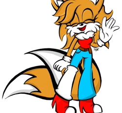 Size: 886x817 | Tagged: safe, artist:thebaconator24, miles "tails" prower, oc, oc:tailsko (tasp), fox, belt, chest fluff, eyes closed, female, gender swap, gloves, heels, mouth open, pants, signature, simple background, socks, solo, standing, waving, white background