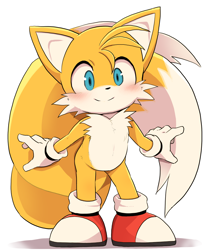 Size: 1000x1200 | Tagged: safe, artist:dagasi, miles "tails" prower, fox, arms out, blushing, chest fluff, cute, gloves, looking offscreen, male, shoes, simple background, smile, socks, solo, tailabetes, white background