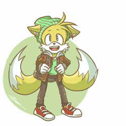 Size: 432x432 | Tagged: safe, artist:nannelflannel, miles "tails" prower, fox, abstract background, backpack, beanie, floppy ears, gloves, jacket, looking at viewer, male, mouth open, shirt, shoes, smile, solo, standing