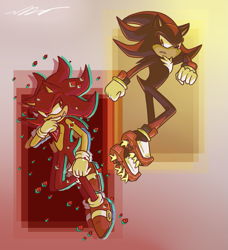 Size: 741x813 | Tagged: safe, artist:nannelflannel, shadow the hedgehog, sonic the hedgehog, hedgehog, sonic forces, abstract background, alternate universe, au:phantom forces, chest fluff, clenched teeth, duo, evil, evil sonic, glitch, gloves, looking at each other, male, males only, mid-air, phantom ruby, shoes, socks