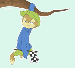 Size: 907x828 | Tagged: safe, artist:nannelflannel, rocket the sloth, adventures of sonic the hedgehog, blue background, branch, checkered flag, flag, hat, holding something, lidded eyes, looking ahead, male, outline, oversized, shorts, simple background, sloth, smile, solo, sweater