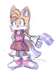 Size: 629x812 | Tagged: safe, artist:silviafoxtris, miles "tails" prower, fox, eyelashes, female, flag, gloves, hand on hip, looking offscreen, pink shoes, pride flag, shoes, simple background, sketch, skirt, smile, socks, solo, trans female, trans girl tails, trans pride, transgender, white background