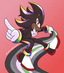 Size: 2048x2350 | Tagged: safe, artist:sonicaspeed123, shadow the hedgehog, agender, agender pride, chest fluff, clenched teeth, gay pride, gloves, gradient background, looking at viewer, mid-air, nonbinary pride, pointing, pride flag, shoes, solo