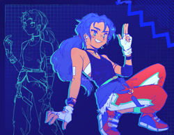 Size: 540x420 | Tagged: safe, artist:12neonlit-stage, sonic the hedgehog, human, abstract background, choker, clenched teeth, duality, fingerless gloves, humanized, looking offscreen, pants, ring, sketch, sleeveless shirt, smile, solo, transgender, watch