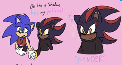 Size: 540x287 | Tagged: safe, artist:sonicaspeed123, shadow the hedgehog, hedgehog, au:girls girls girls (sonicaspeed123), blushing, crop top, dialogue, duo, ear piercing, english text, genderqueer, girlflux, gloves, heart, holding hands, lesbian, looking offscreen, mouth open, pink background, shadow x sonic, shipping, simple background, smile, sparkles, standing, sweater, trans female, trans girl shadow, trans girl sonic, transgender
