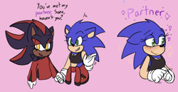 Size: 540x279 | Tagged: safe, artist:sonicaspeed123, shadow the hedgehog, sonic the hedgehog, hedgehog, au:girls girls girls (sonicaspeed123), blushing, crop top, dialogue, duo, english text, eyelashes, floppy ears, genderqueer, girlflux, gloves, holding hands, jacket around waist, lesbian, looking offscreen, pink background, shadow x sonic, shipping, simple background, smile, sweater, trans female, trans girl shadow, trans girl sonic, transgender