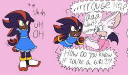 Size: 540x315 | Tagged: safe, artist:sonicaspeed123, rouge the bat, shadow the hedgehog, bat, hedgehog, au:girls girls girls (sonicaspeed123), dialogue, dress, duo, english text, female, floppy ears, girlflux, gloves off, looking at each other, pink background, shoes, simple background, standing, trans female, trans girl shadow, transgender, wagging tail, yelling