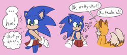 Size: 540x235 | Tagged: safe, artist:sonicaspeed123, miles "tails" prower, sonic the hedgehog, fox, hedgehog, au:girls girls girls (sonicaspeed123), blushing, colored ears, dialogue, duo, english text, genderqueer, gloves, heart, looking at each other, looking offscreen, male, pink background, simple background, skirt, speech bubble, standing, thought bubble, trans female, trans girl sonic, transgender