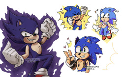 Size: 540x340 | Tagged: safe, artist:sonicrush, sonic the hedgehog, hedgehog, bandana, cheering, clenched fists, clenched teeth, dark form, dark sonic, gloves, hearts, leg up, looking at viewer, looking offscreen, male, mouth open, necklace, pride bandanna, scars, shoes, shrunken pupils, simple background, smile, socks, solo, top surgery scars, trans boy sonic, trans male, trans pride, transgender, v sign, white background