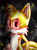 Size: 778x1050 | Tagged: safe, artist:mad4plaid, miles "tails" prower, fox, abstract background, angry, clenched fist, crying, feather, frown, hyper form, hyper tails, looking at viewer, male, red eyes, solo, standing, tears