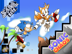 Size: 2800x2100 | Tagged: safe, artist:maniacdrawgus, miles "tails" prower, sonic the hedgehog, fox, hedgehog, classic sonic, classic style, classic tails, clenched teeth, clouds, duo, english text, fistbump, gloves, looking at each other, male, males only, mid-air, mouth open, palm tree, shoes, smile, socks, sonic chaos, spring, turquoise hill zone, v sign