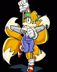 Size: 1280x1600 | Tagged: safe, artist:nomad-j, miles "tails" prower, fox, backpack, black background, chest fluff, clenched fists, female, four tails, gender swap, gloves, goggles, goggles on head, looking at viewer, overalls, shoes, simple background, smile, socks, solo, standing on one leg, uekawa style