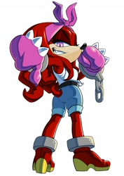 Size: 1240x1754 | Tagged: safe, artist:nomad-j, knuckles the echidna, echidna, chain, clenched fist, clenched teeth, female, gender swap, headscarf, lidded eyes, looking back, pink gloves, shoes, shorts, simple background, smile, solo, spiked gloves, standing, tank top, thumbs down, white background