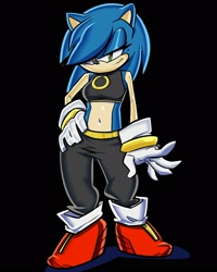 Size: 1280x1600 | Tagged: safe, artist:nomad-j, sonic the hedgehog, hedgehog, black background, crop top, female, gender swap, gloves, hair over one eye, hand on hip, lidded eyes, looking offscreen, necklace, pants, ring, shoes, simple background, smile, socks, solo, standing, uekawa style