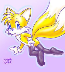 Size: 1247x1388 | Tagged: safe, artist:tailchana, miles "tails" prower, fox, :o, all fours, clenched fist, cute, eyelashes, gloves, gradient background, hand on ground, looking back, male, signature, solo, stockings, tailabetes