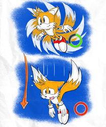 Size: 1920x2300 | Tagged: safe, artist:rubyofblue, miles "tails" prower, fox, abstract background, arms out, concept art, duality, floppy ears, flying, gloves, looking ahead, male, mouth open, one fang, shoes, smile, socks, solo, spinning tails, stamina ring, tired, tongue out, uekawa style