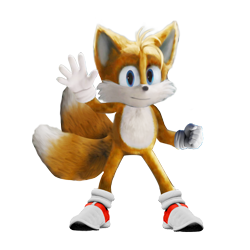 Size: 1280x1280 | Tagged: safe, artist:soniconbox, miles "tails" prower, fox, clenched fist, gloves, looking at viewer, male, movie style, shoes, simple background, smile, socks, solo, standing, transparent background, waving, youtube link in description