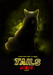 Size: 3508x4961 | Tagged: safe, artist:nepolga, miles "tails" prower, fox, abstract background, animalified, character name, english text, literal animal, male, meme, movie poster, sitting, solo