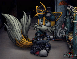 Size: 3021x2350 | Tagged: safe, artist:metadragonart, miles "tails" prower, fox, 2013, abstract background, crouching, cyberpunk, cyborg, cyborg tails, goggles, goggles on head, holding something, looking offscreen, male, mouth open, redraw, screwdriver, shoes, solo